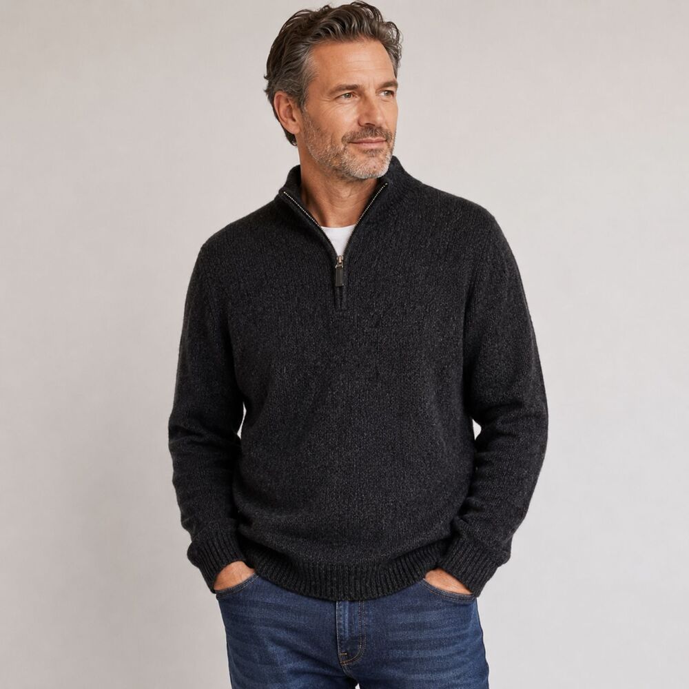 Oscar De La Renta Cotton Dark Gray 1/4 Zip Sweater with Sherpa Collar - Size XL
